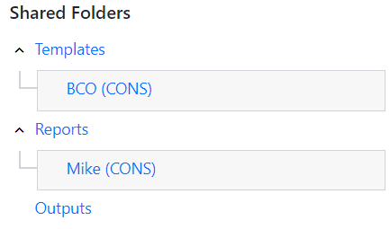 Screenshot of the Shared Folders tree displaying a folder labeled BCO (CONS) under Templates and Mike (CONS) under Reports.