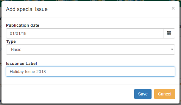 Dialog box for adding a special issue with fields for publication date, type, and issuance label.