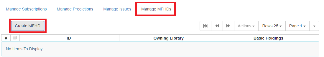 Manage MFHD tab with the option to create a new MFHD record.