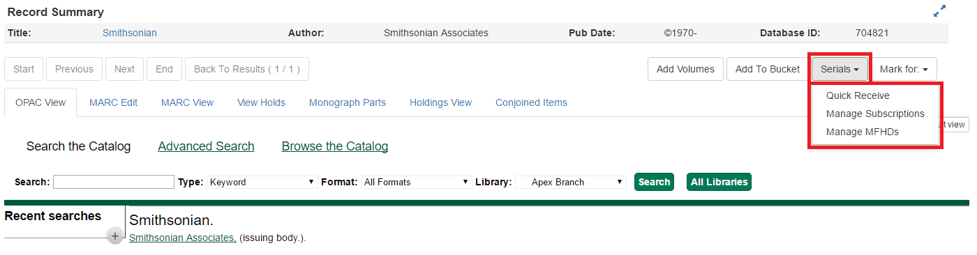 An example bibliographic record with the Serials menu open.