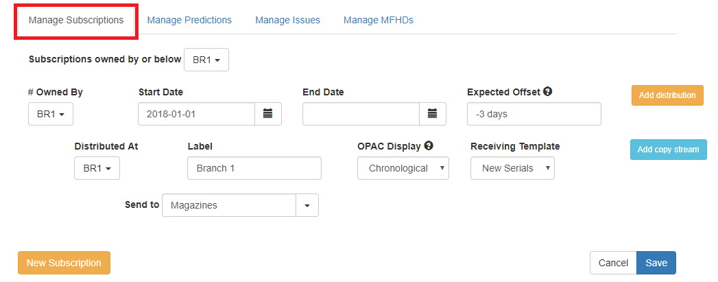 Subscription editor with fields for owning library, start date, end date, expected offset, distribution library, label, OPAC display, receiving template, and stream label.