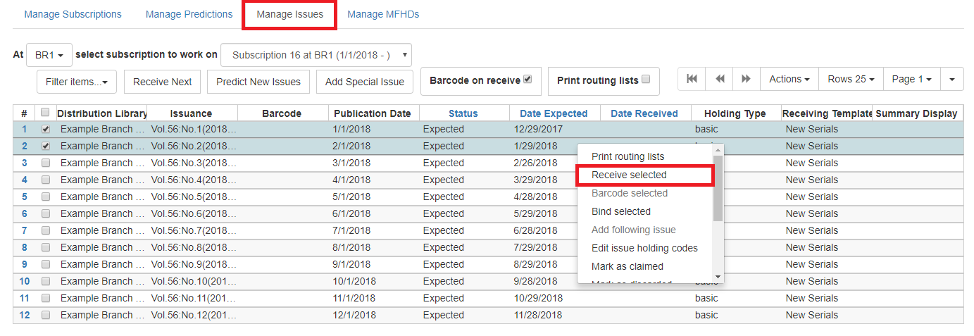 Batch receive interface within the Manage Issues tab.