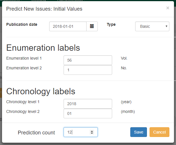 Predict New Issues dialog box with fields for publication date, type, enumeration labels, chronology labels, and prediction count.