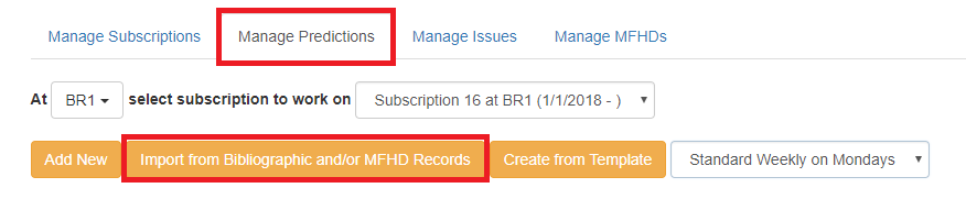Manage Predictions tab with Import from Bibliographic and/or MFHD Records button highlighted.