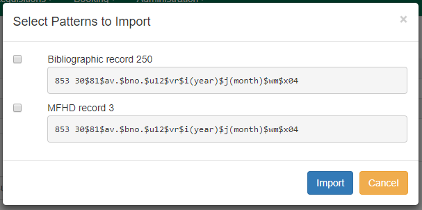Import from Bibliographic and/or MFHD Records dialog box showing available MFHD records.