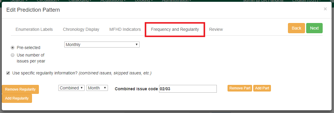 Frequency and Regularity tab in the Prediction Pattern Code Wizard.