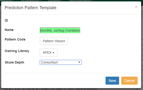 Dialog box for creating a prediction pattern template with fields for owning library and share depth.