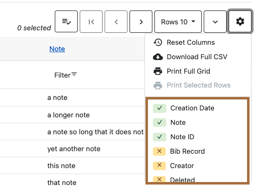 Screenshot of the grid view options menu with the column names highlighted