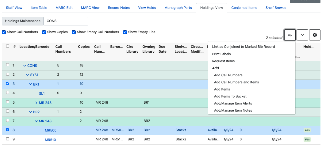 Screenshot of the Holdings View with the actions menu displayed