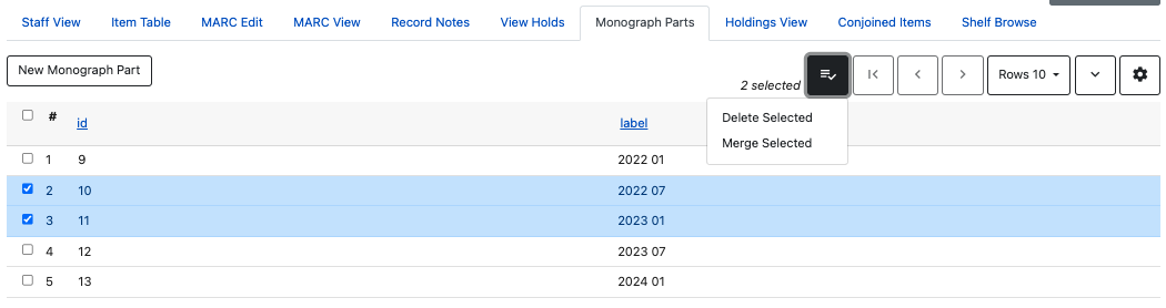 Screenshot of the Monograph Parts tab with the parts actions menu highlighted