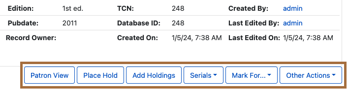 Screenshot of a record summary with the record actions buttons highlighted
