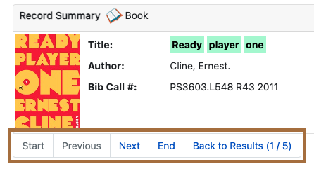 Screenshot of a bibliographic record with the Results Navigation buttons highlighted