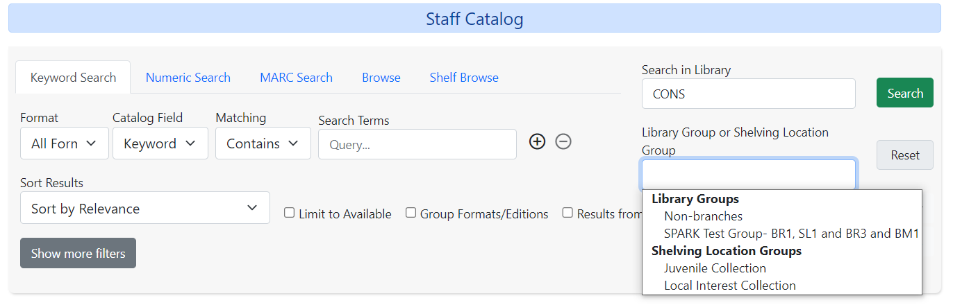 The Staff Catalog page showing the Library Group dropdown.