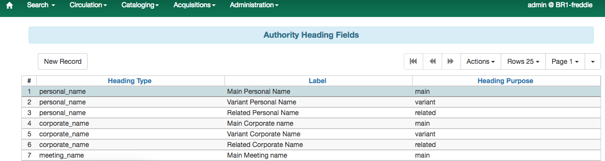 Authorities Heading Field Administration list view