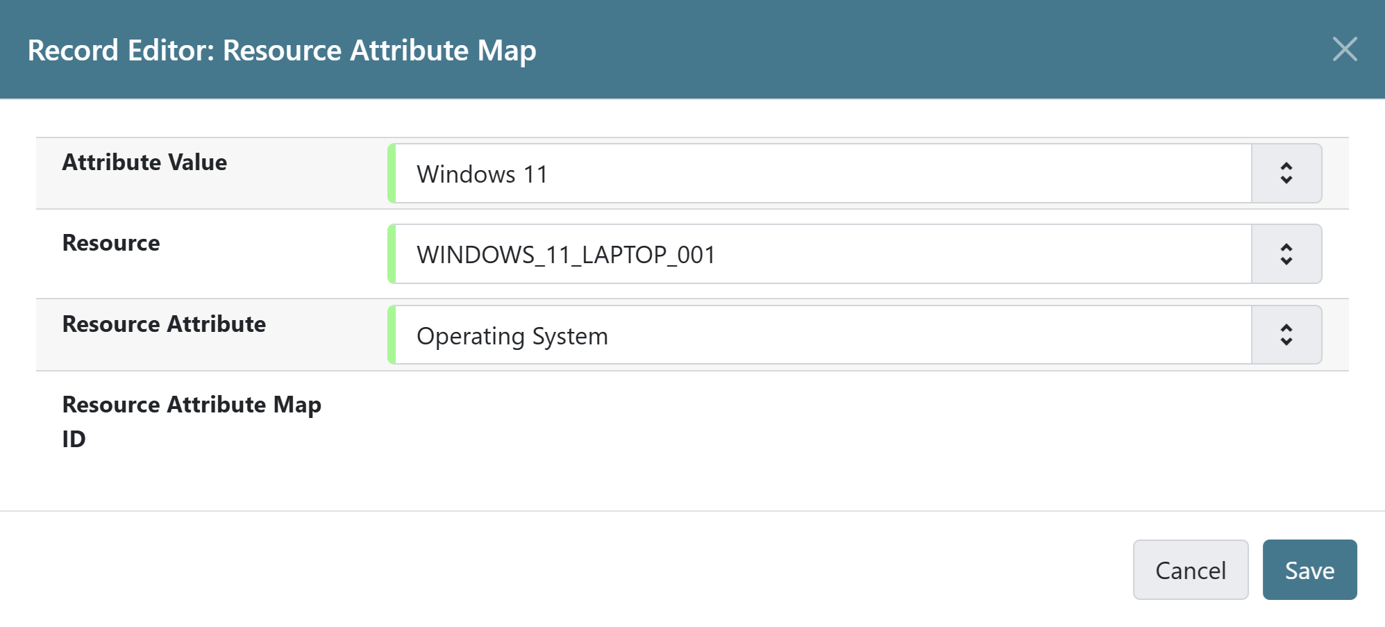 Form for mapping attributes and values to resources with fields for attribute value