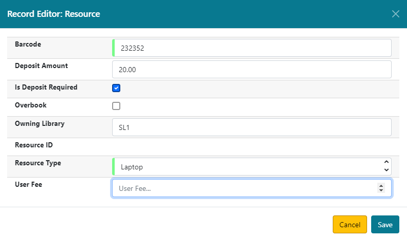 Form for creating a new resource with fields for barcode, deposit amount, deposit required status, overbook status, owning library, resource type, and user fee.