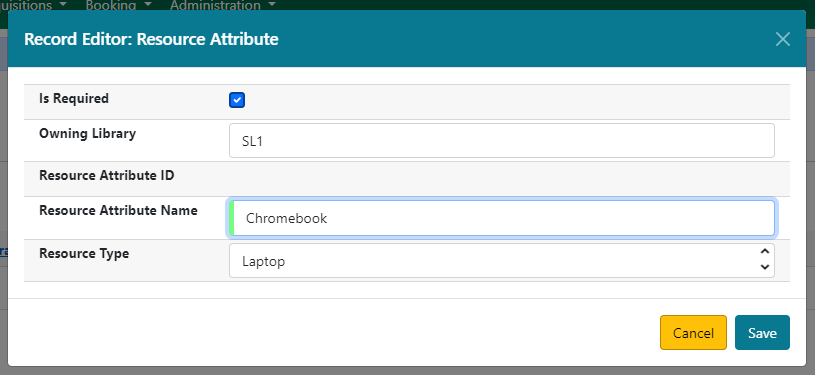 Form for assigning a value to a resource attribute with fields for is required, owning library, resource attribute ID, resource attribute name, and resource type.