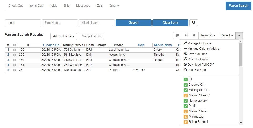 Column picker menu options