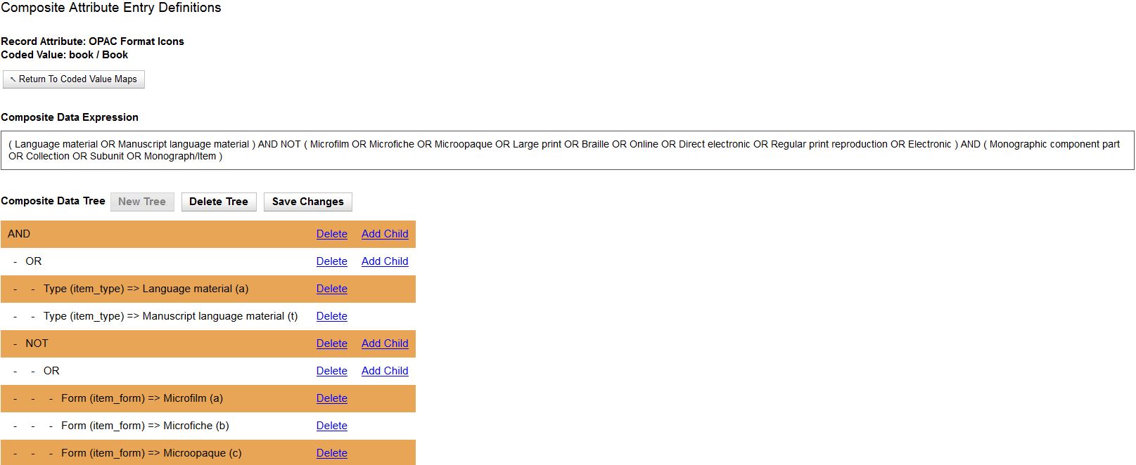 Composite Attribute Entry Definitions screen showing a composite data expression and a composite data tree structured with Boolean operators.