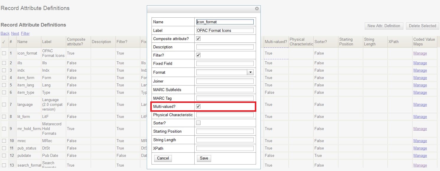 Interface for editing a record attribute definition with the Multi-valued? checkbox selected.