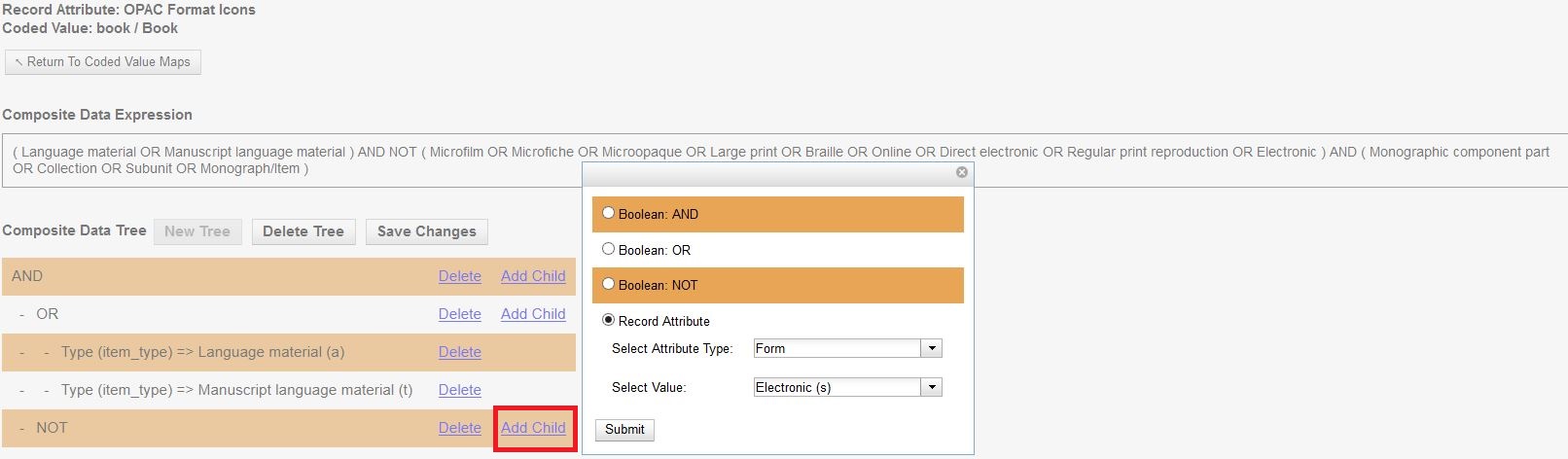 Composite Attribute Entry Definitions screen showing a composite data expression and a composite data tree structured with Boolean operators.