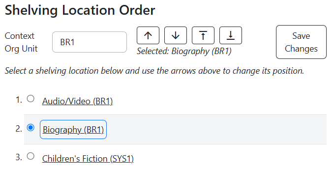 Shelving Location Order