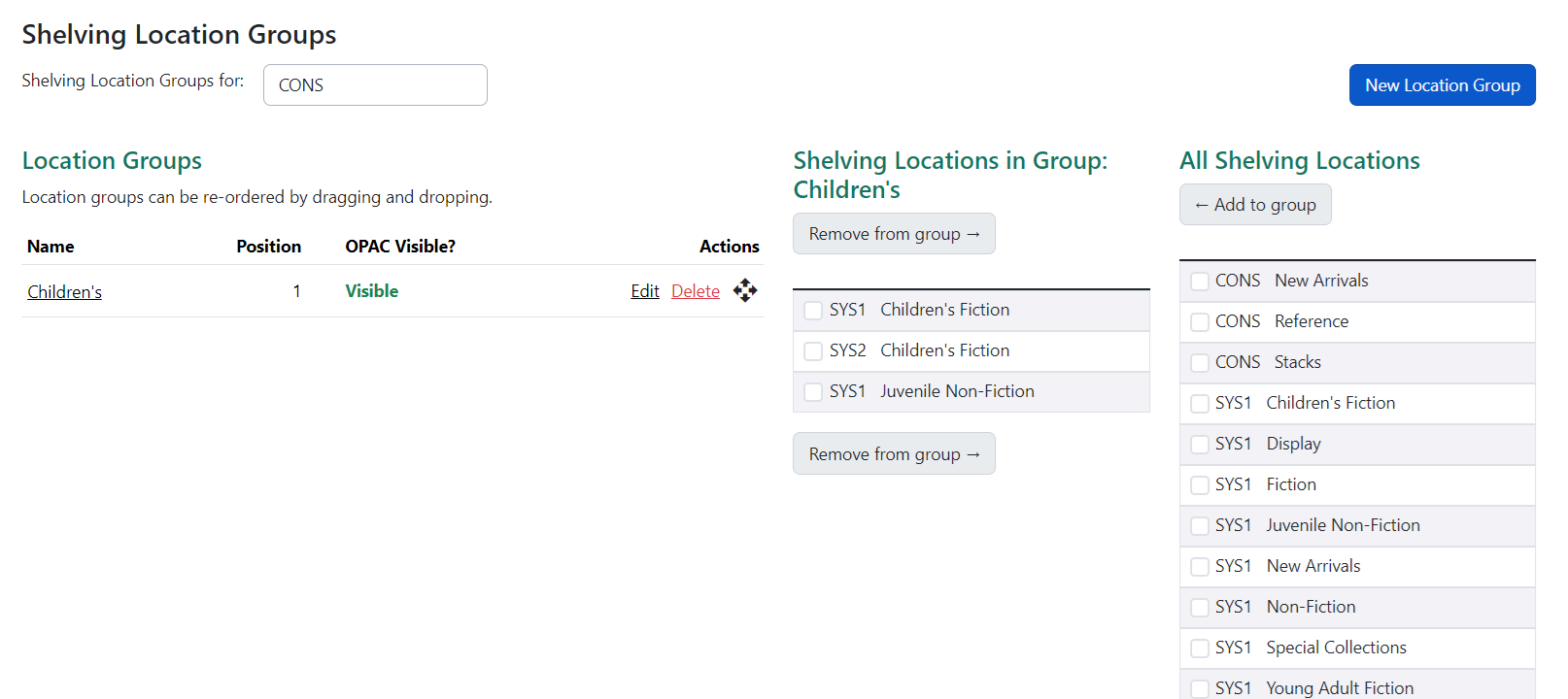 Shelving Location Groups