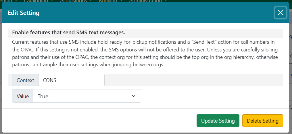 Library Setting to enable SMS