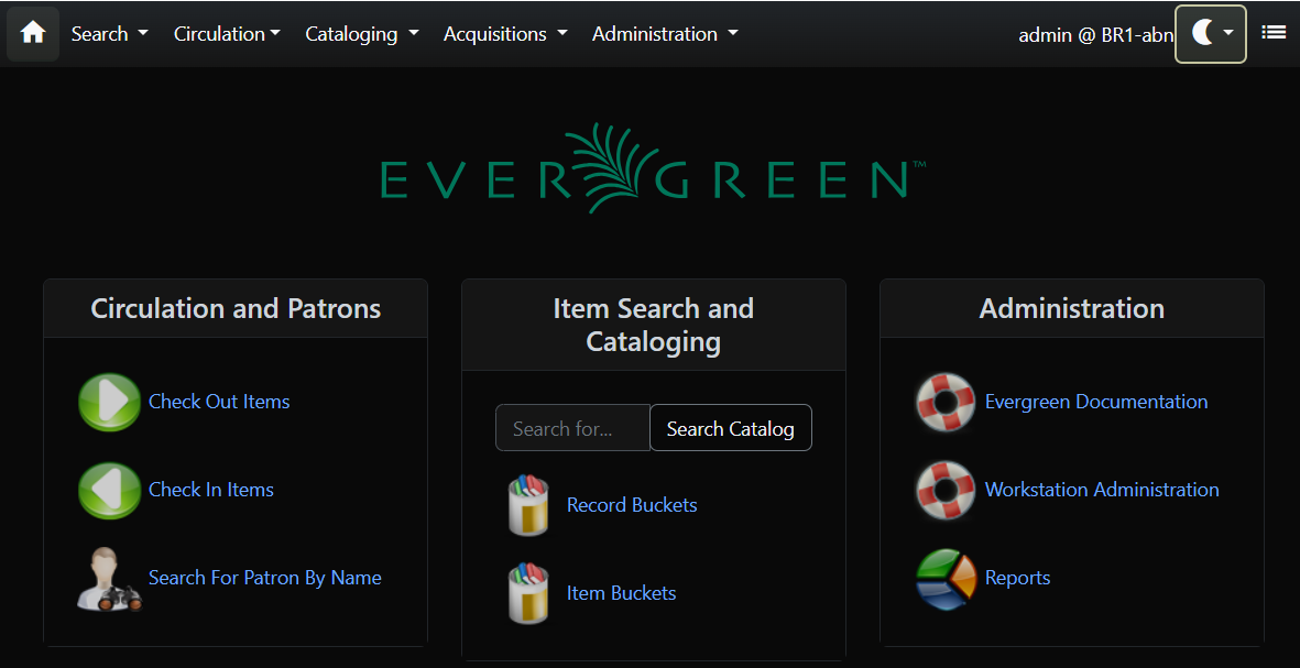 Evergreen’s splash page displayed in dark mode