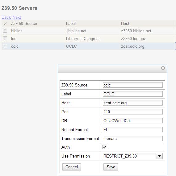 Dropdown menu to select the permission for restricting Z39.50 use.