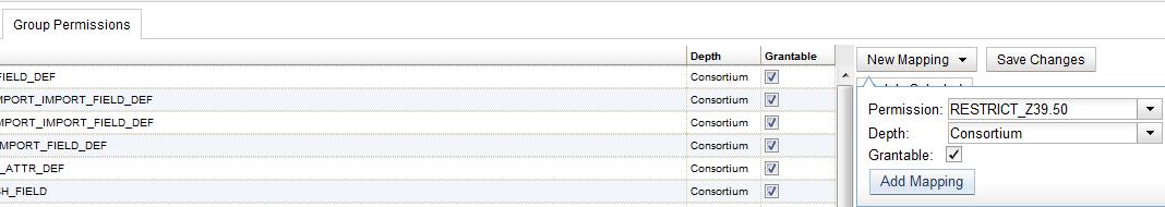 User interface showing the addition of a permission to a user group to access the restricted Z39.50 server.