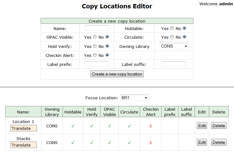 screenshot of Shelving Location Editor