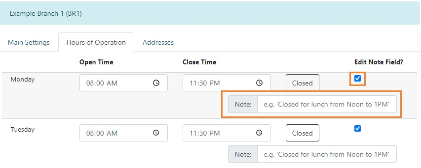 Organizational unit hours of operation notes