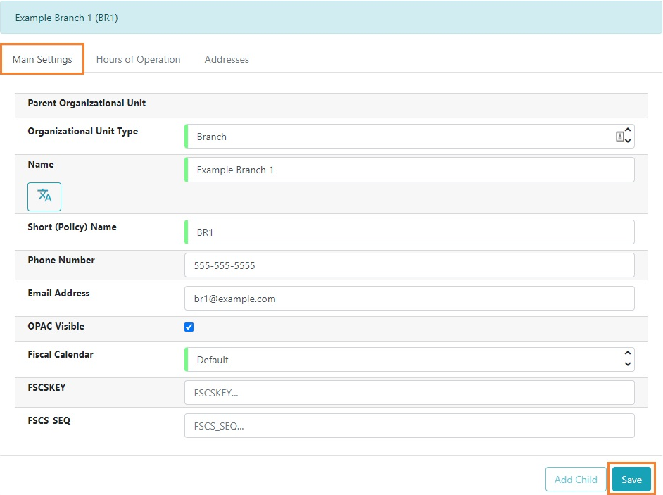 Organizational unit main settings