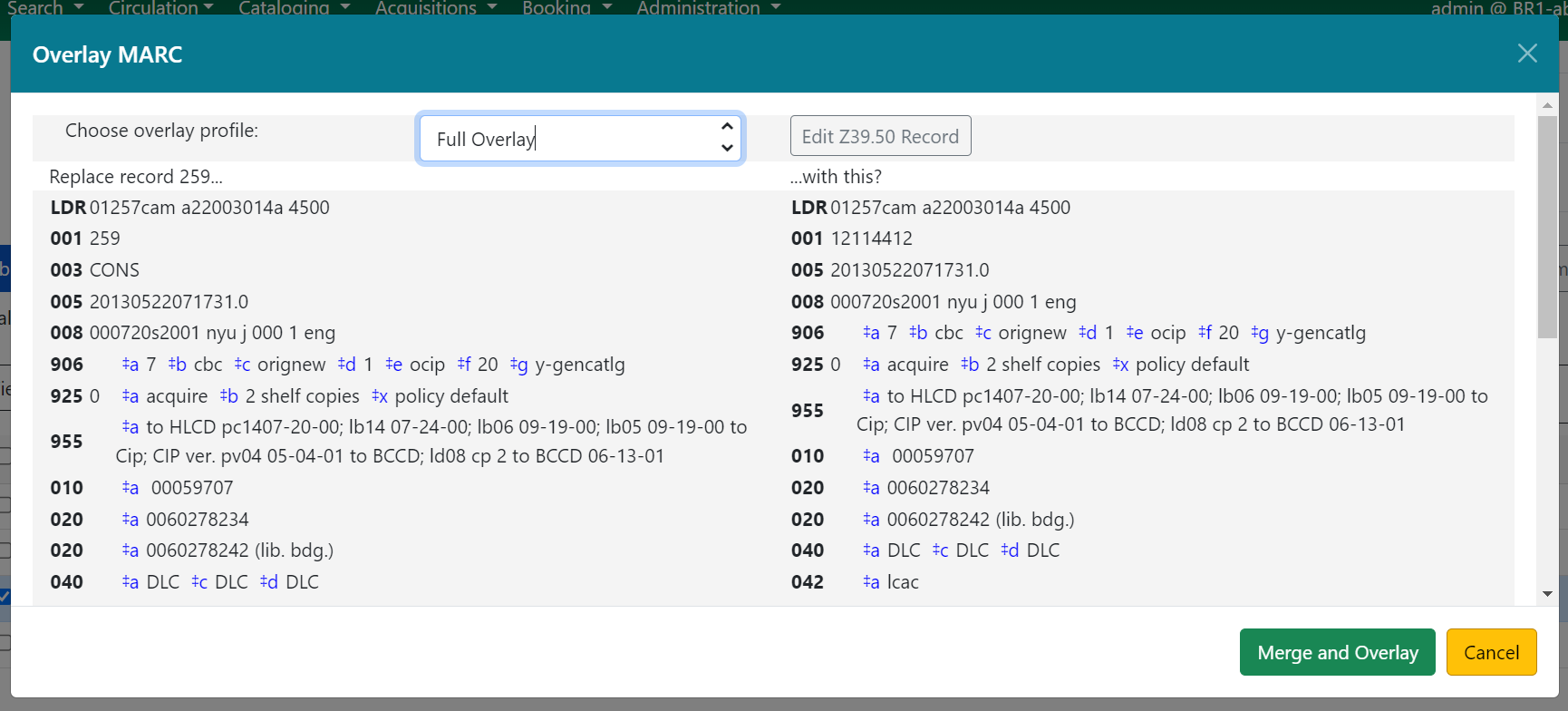 Record comparison modal