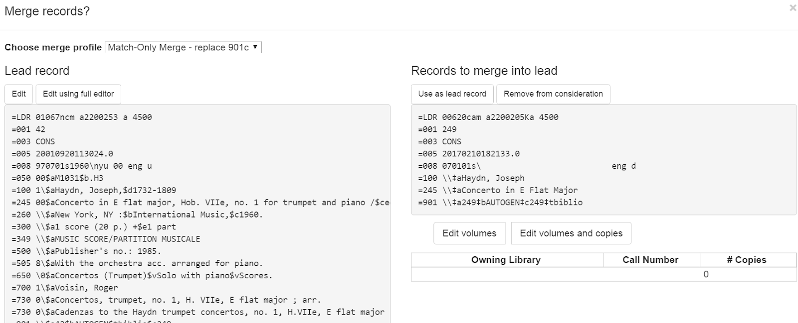 Preview of changes that will be made to the record after selecting a merge profile.