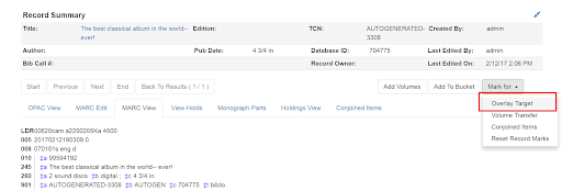 Option to mark a record for overlay target in the MARC view.