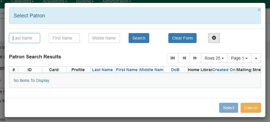 Select Patron dialog box