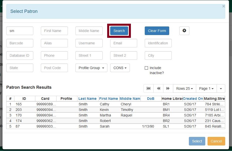 Select Patron dialog box with search results and Search button highlighted