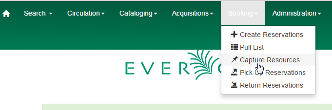 Booking dropdown menu with Capture Resources highlighted.