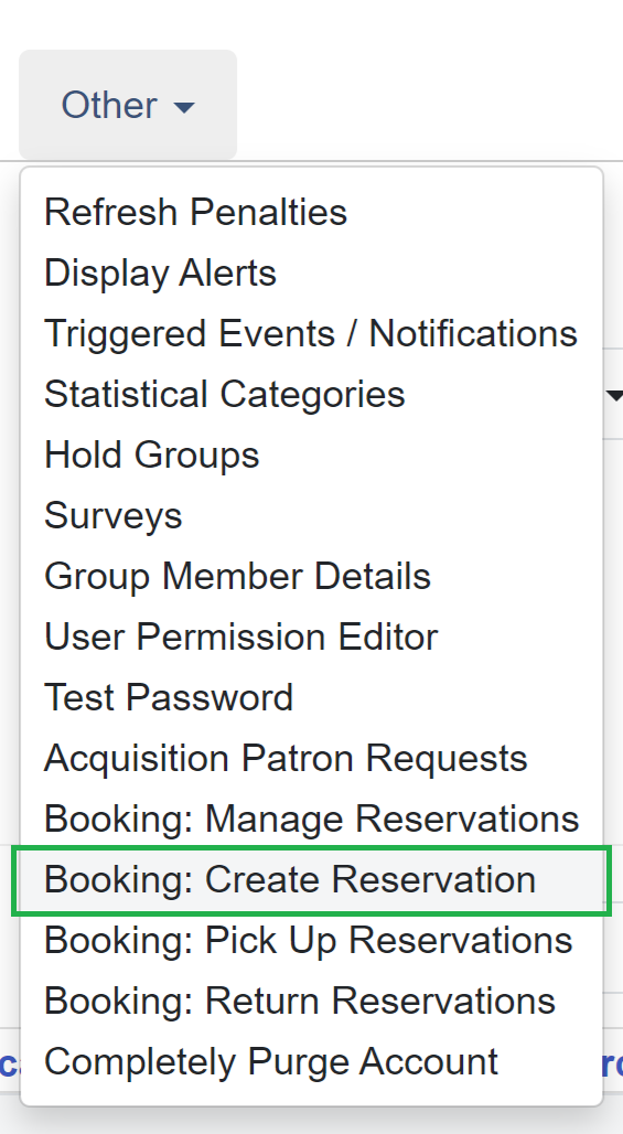 Drop-down menu showing the path to create reservations from a patron record.