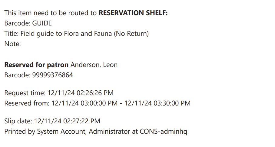 Reservation slip showing reservation details.