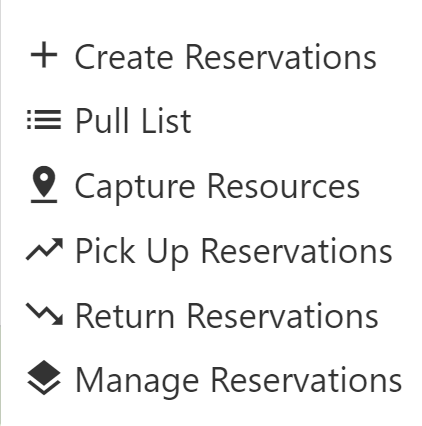 Booking module menu options.