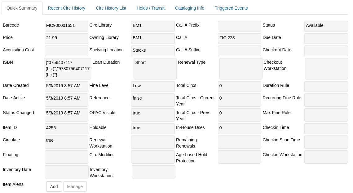 Detail View button showing item summary and circulation history.