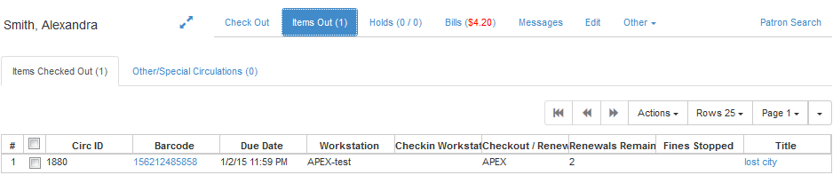 Items Out screen in the patron record.