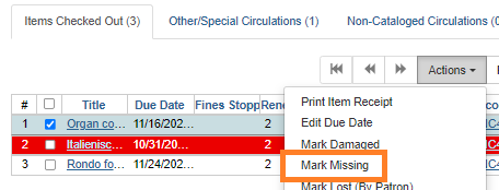 Mark Missing action in the Item Status interface.