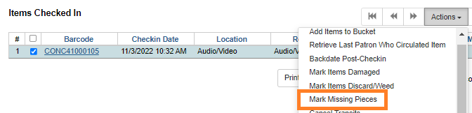 Mark Missing Pieces action in the Check In interface.