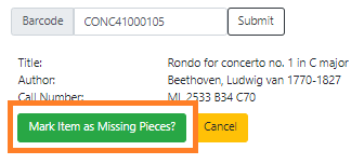 Mark Item as Missing Pieces button in the Scan Item as Missing Pieces interface.