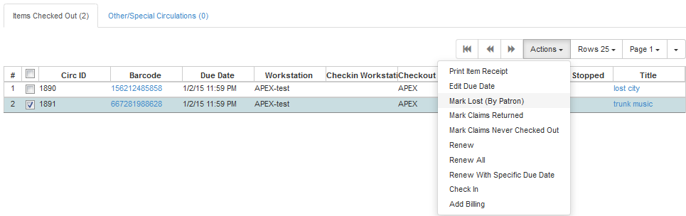 Mark Lost (by Patron) action in the Items Out screen.