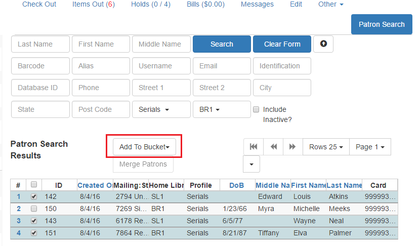 Screenshot of the patron search page. The Add to Bucket and Merge Patrons buttons are inbetween the search fields above and the search results below.